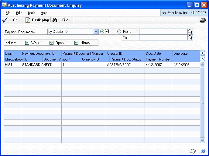 Screenshot of the Purchasing Payment Document Enquiry window.