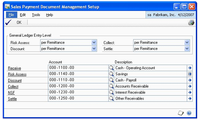 Screenshot of the Company Payment Document Management Setup window.