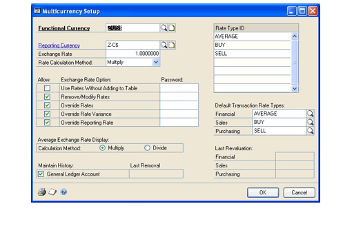 Screenshot of the Multicurrency Setup window showing that the Functional and Reporting Currency fields have been entered.