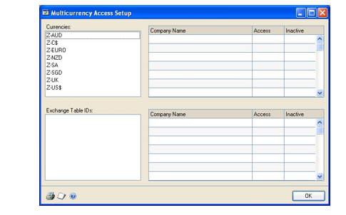 Screenshot of the Multicurrency Access Setup window before entries have been made.