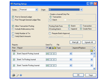 Screenshot of the Posting Setup window displaying the Financial series with transaction path boxes checked.