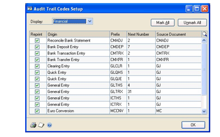 Screenshot of the Audit Trail Codes Setup window displaying the Financial series showing codes have been entered.