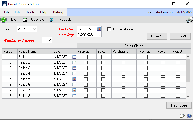 Screenshot of the Fiscal Periods Setup window showing the fiscal year entries have been made.