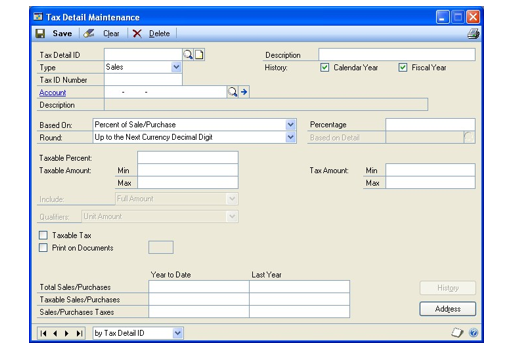 Screenshot of the Tax Detail Maintenance window showing the Type is set to Sales.