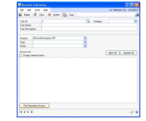 Screenshot of the Security Task Setup window before entries have been made.