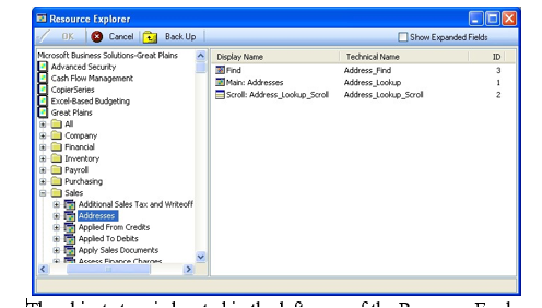 Screenshot of the Resource Explorer window showing the objects tree in the left pane.