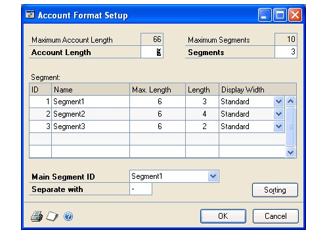 Screenshot of the Account Format Setup window showing the account length and segment entries have been made.