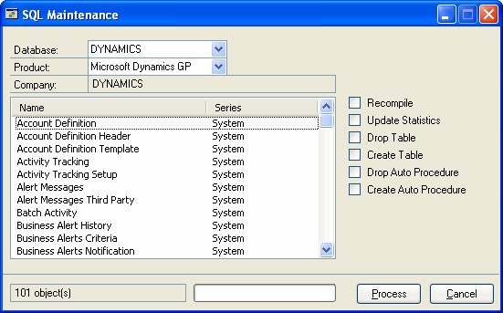 Screenshot showing the SQL Maintenance window.