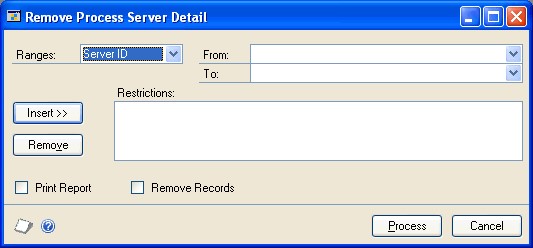 Screenshot of the Remove Process Server Detail window.