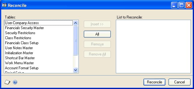 Screenshot of the Reconcile window.