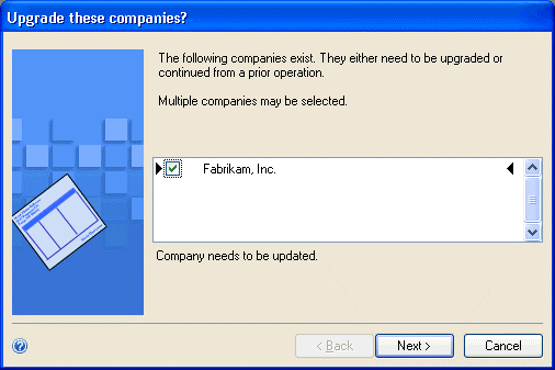 shows screen to specify which companies your want to upgrade.