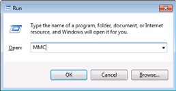 shows the windows run dialog with the command to run mmc.