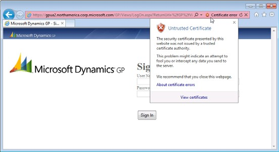 shows a popup with a warning about an untrusted certificate in the dynamics gp login screen.