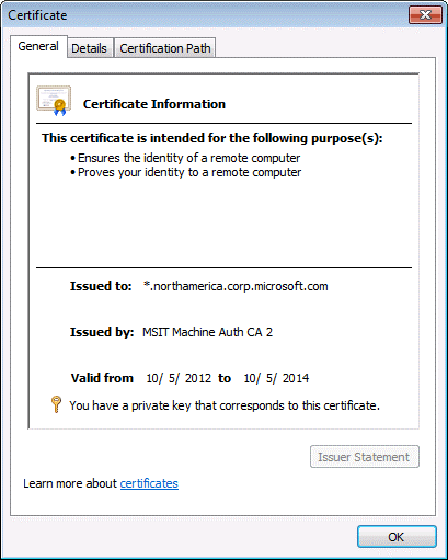 shows the windows dialog for verifying a certificate's properties.