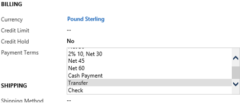 Screenshot that shows Transfer selected in the Payment Terms field.