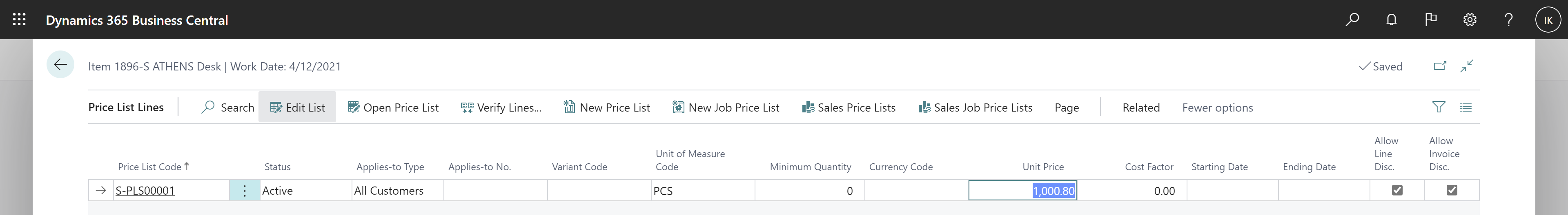 Shows editable price column in active price list line for item