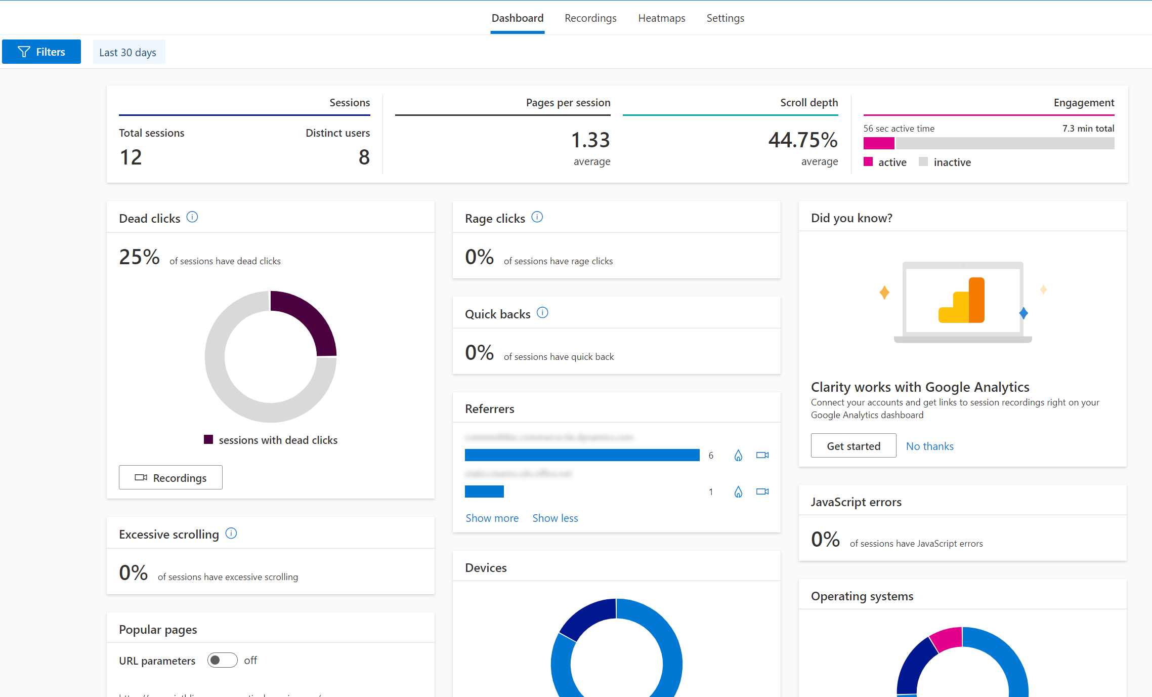 The Clarity dashboard provides traffic and user session metrics for your project's domain.