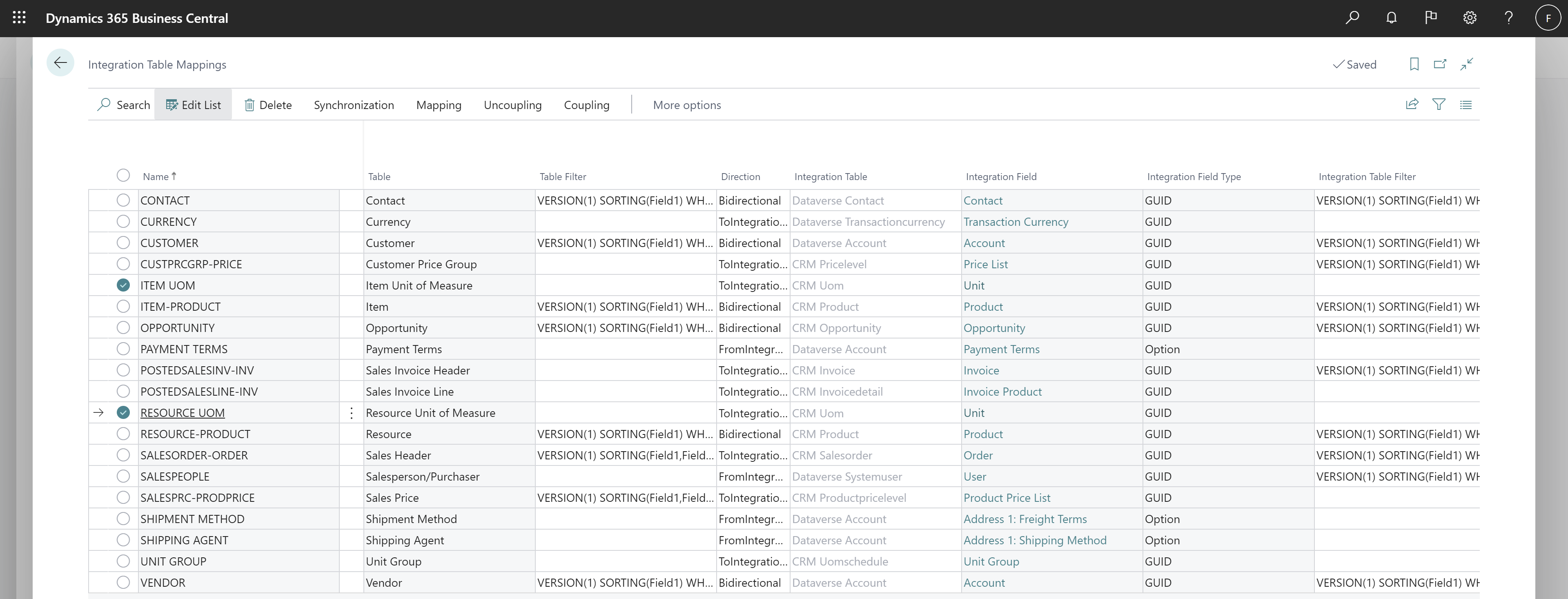 Shows new Item and Resource Unit of Measure mappings in Integration Table Mappings page.