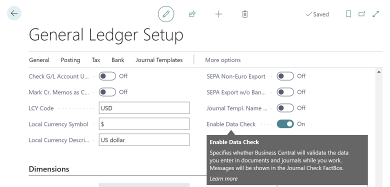 Shows new Enable Data Check option in General Ledger Setup page.