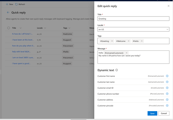 Screenshot of the quick reply admin authoring experience.