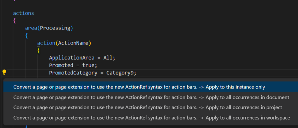 Options for applying code action on actionref syntax