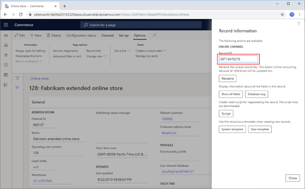 Record-ID field on the Dynamics 365 Retail website.
