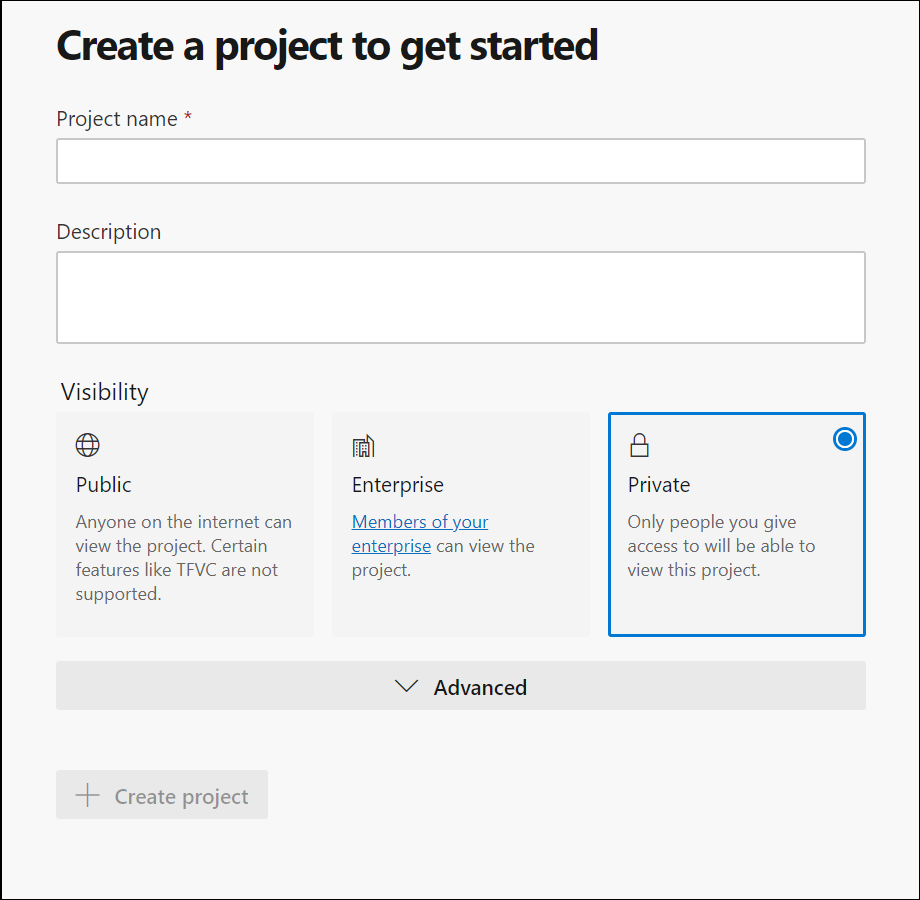 Azure DevOps "Create a project to get started" page with "Private" visibility selected