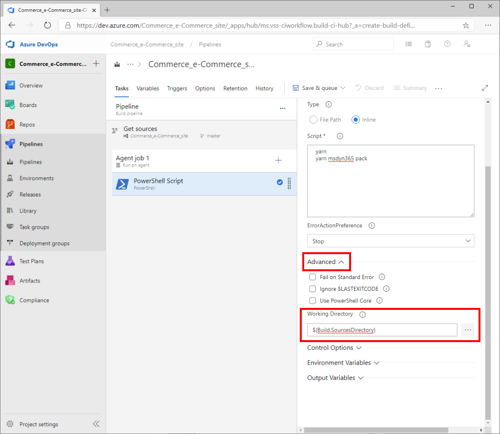 Azure DevOps "PowerShell" pane with the "Advanced" FastTab and the "Working directory" field highlighted