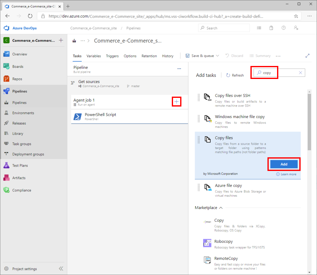 Azure DevOps "Add tasks" pane with search box and "Copy files" task "Add" button highlighted