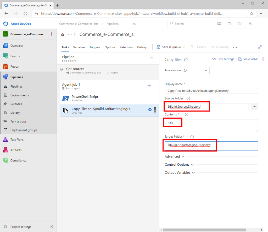 Azure DevOps "Copy files" pane with "Source Folder," "Contents," and "Target Folder" fields highlighted