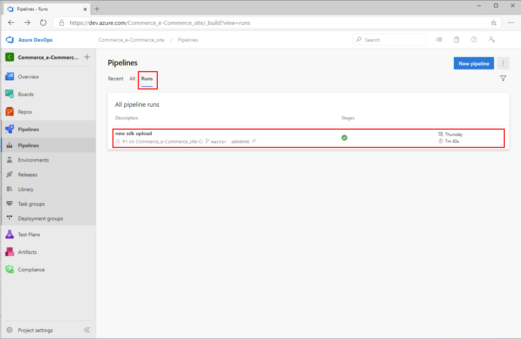 Azure DevOps "Pipelines" page with "Runs" tab and pipeline run highlighted