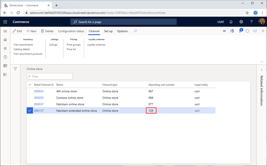 Operating unit number column on the Dynamics 365 Commerce website.