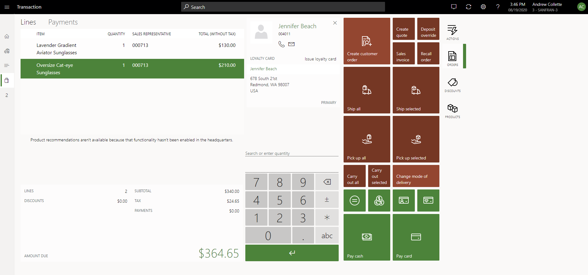 Operations on the POS transaction screen.