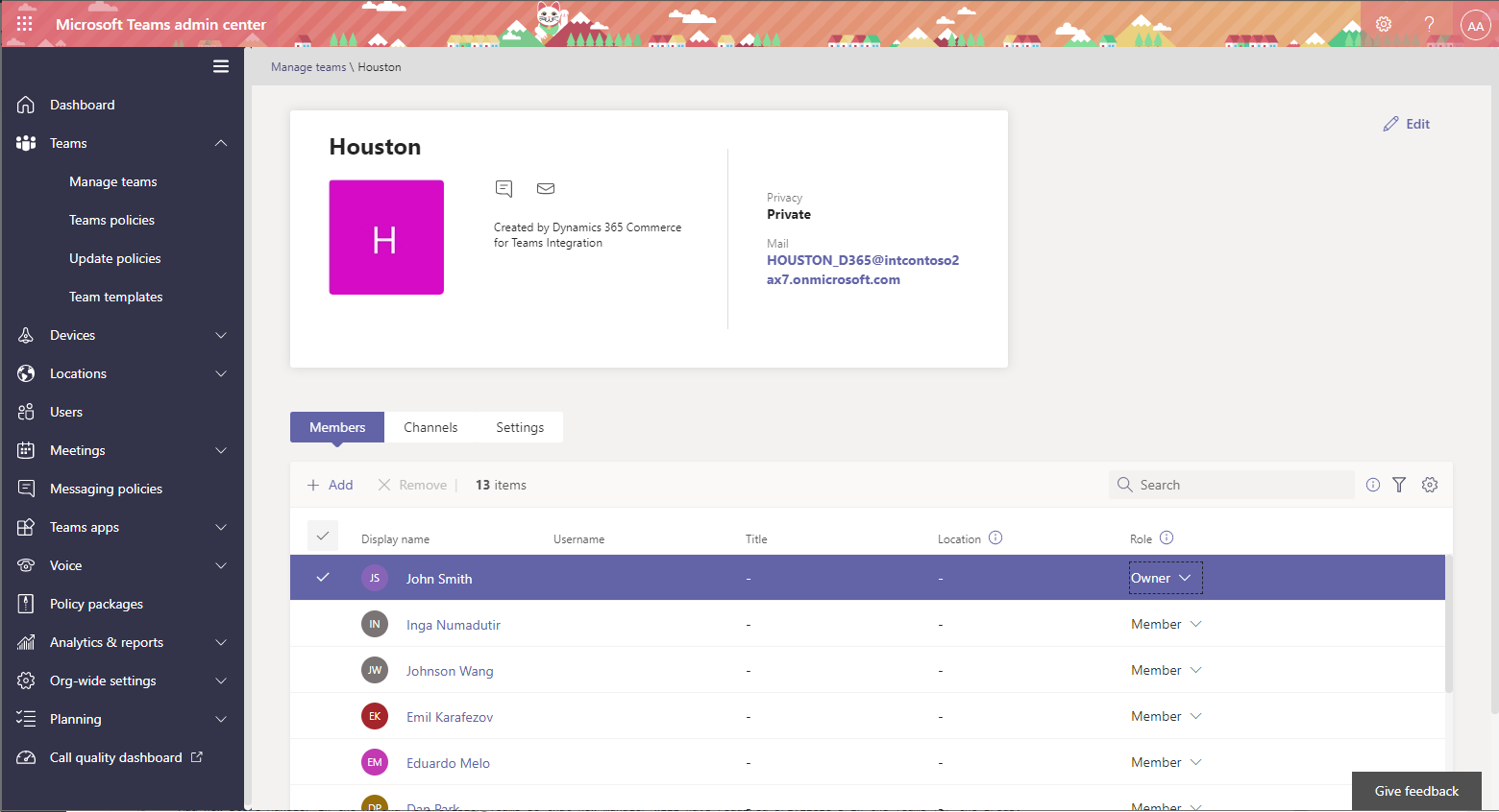 Team members and user roles in the Microsoft Teams admin center.