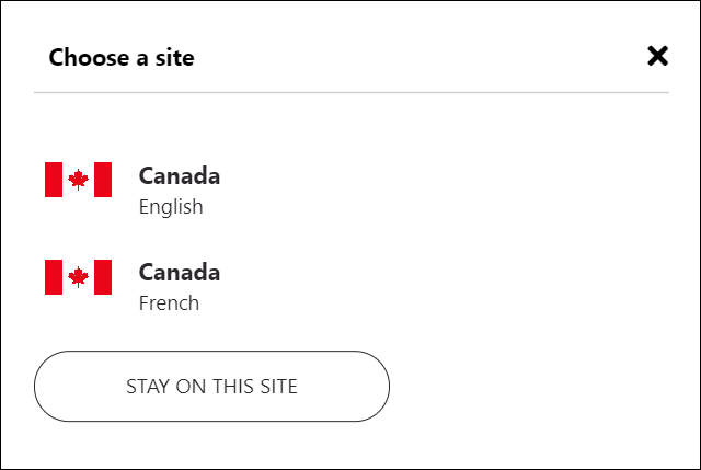 Example of a region/language picker dialog box that shows options for English and French sites for Canada.