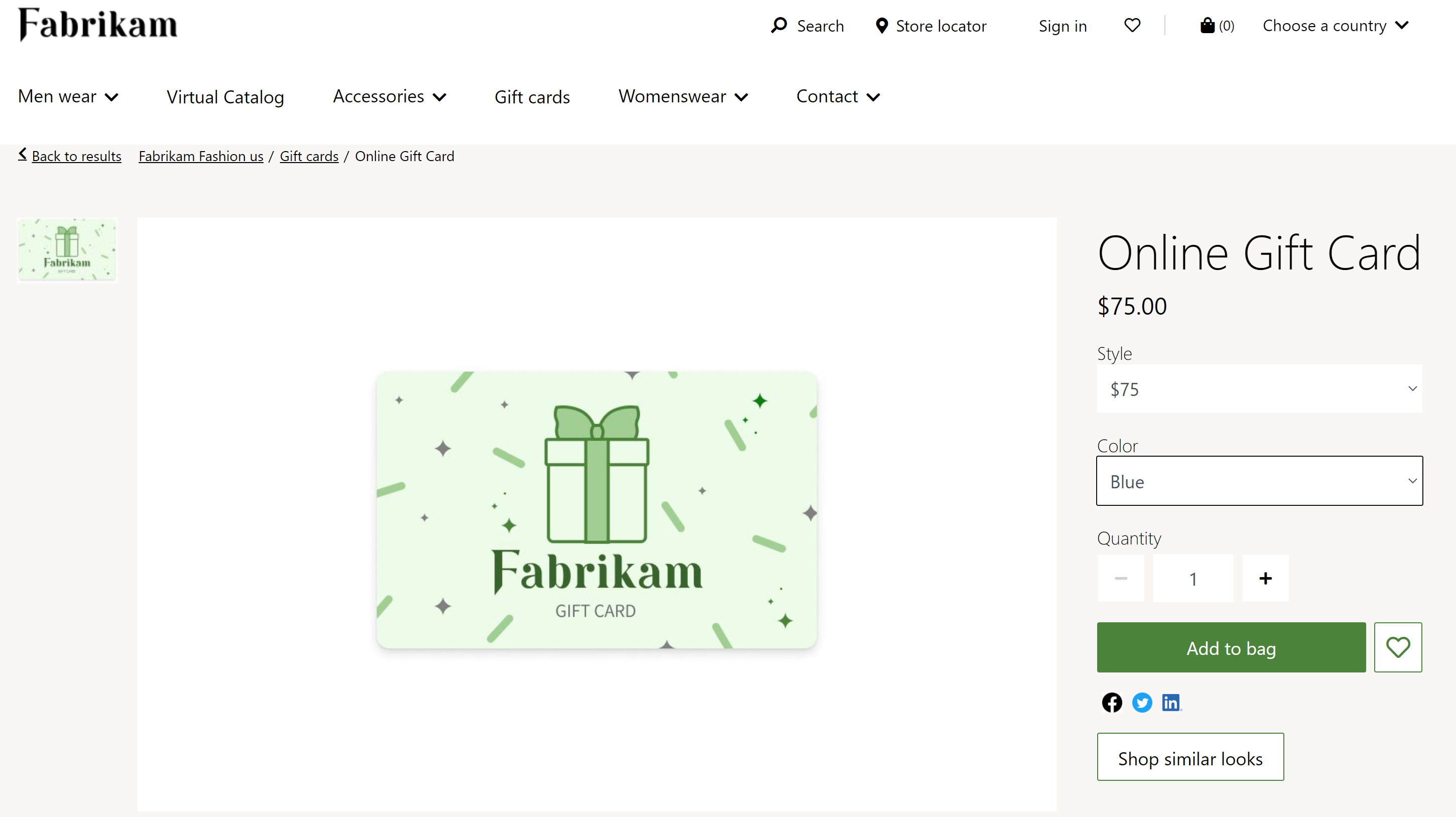Example of a digital gift card PDP on the Fabrikam e-commerce site.
