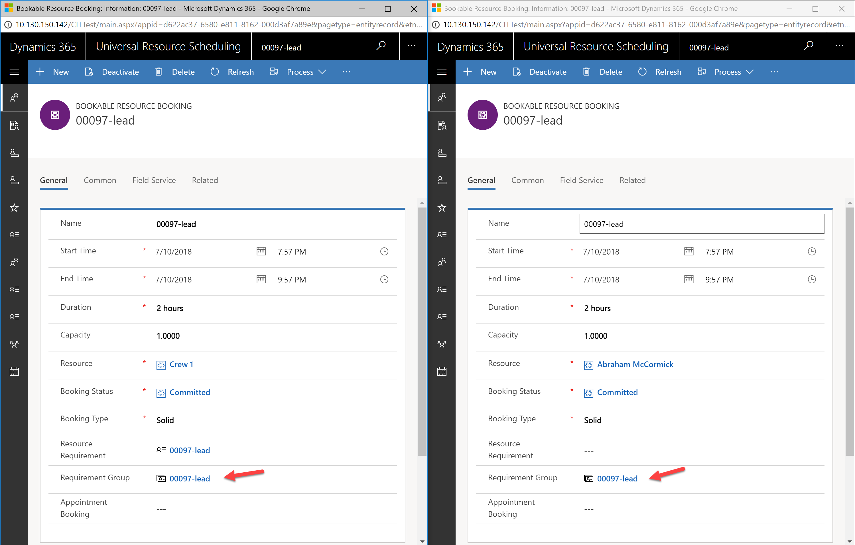 Screenshot showing both bookings related to a requirement group.