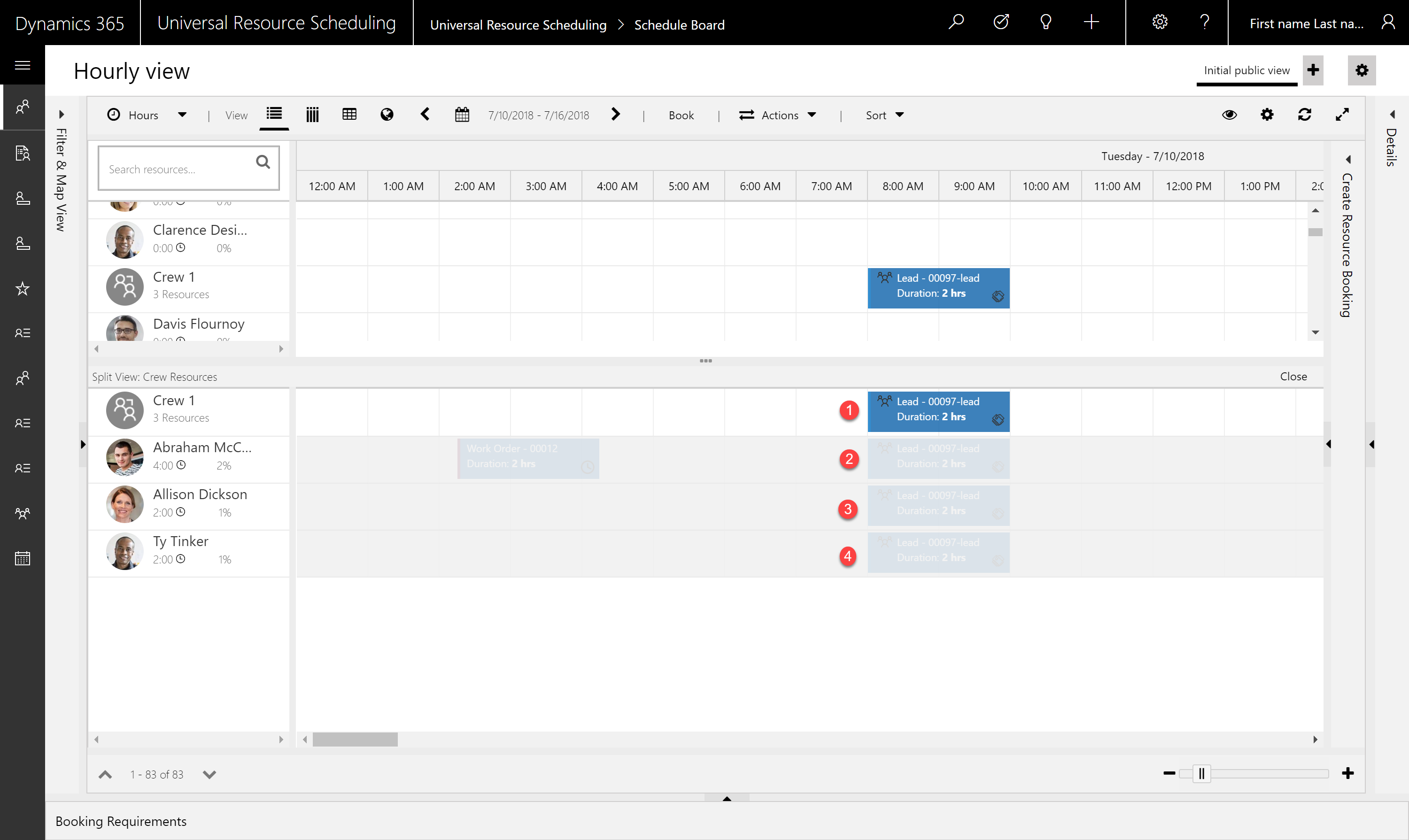 Screenshot showing bookings created for the crew resource along with all of...