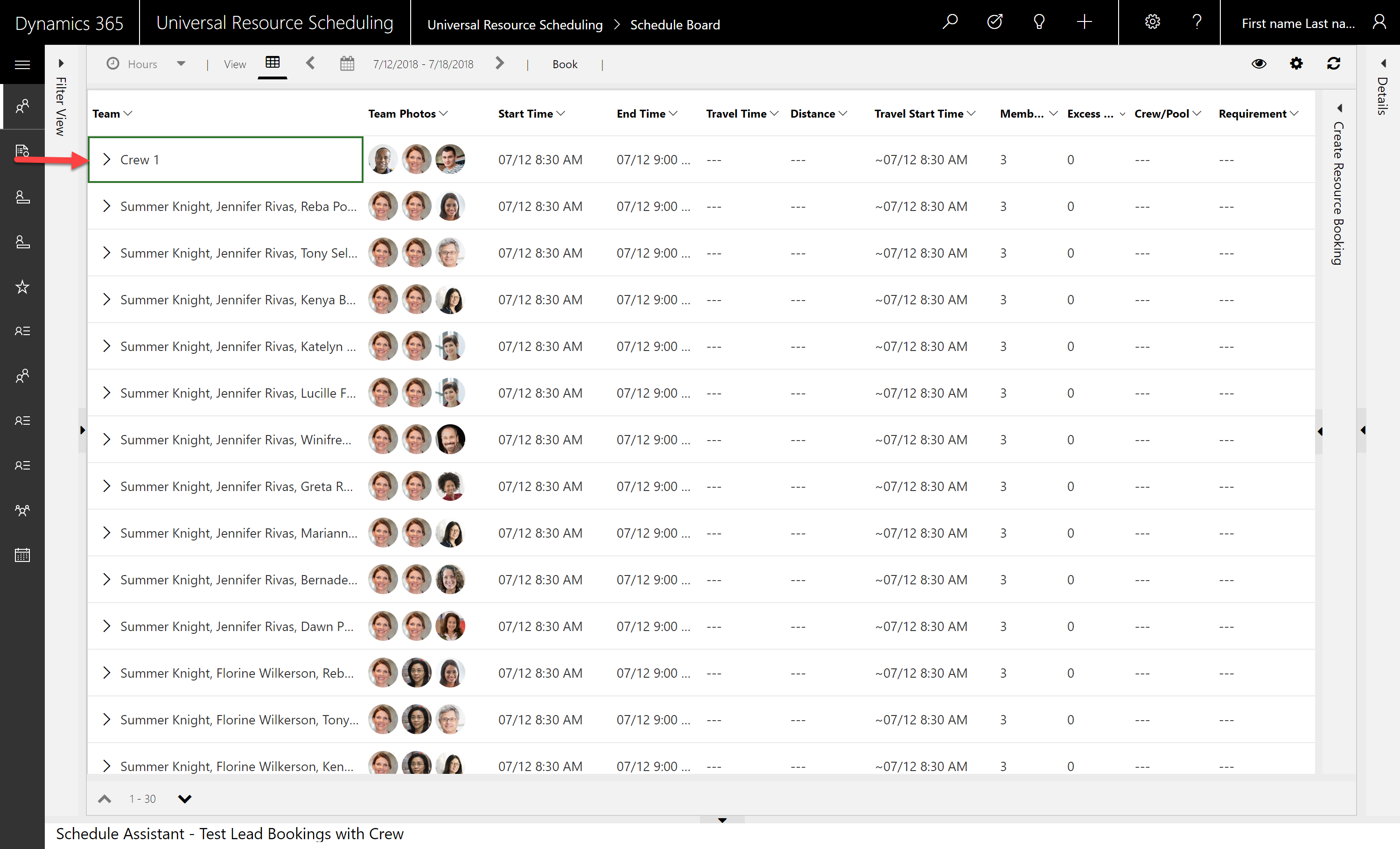Screenshot showing Schedule Assistant results where the crew is an option as are other dynamically assembled teams.