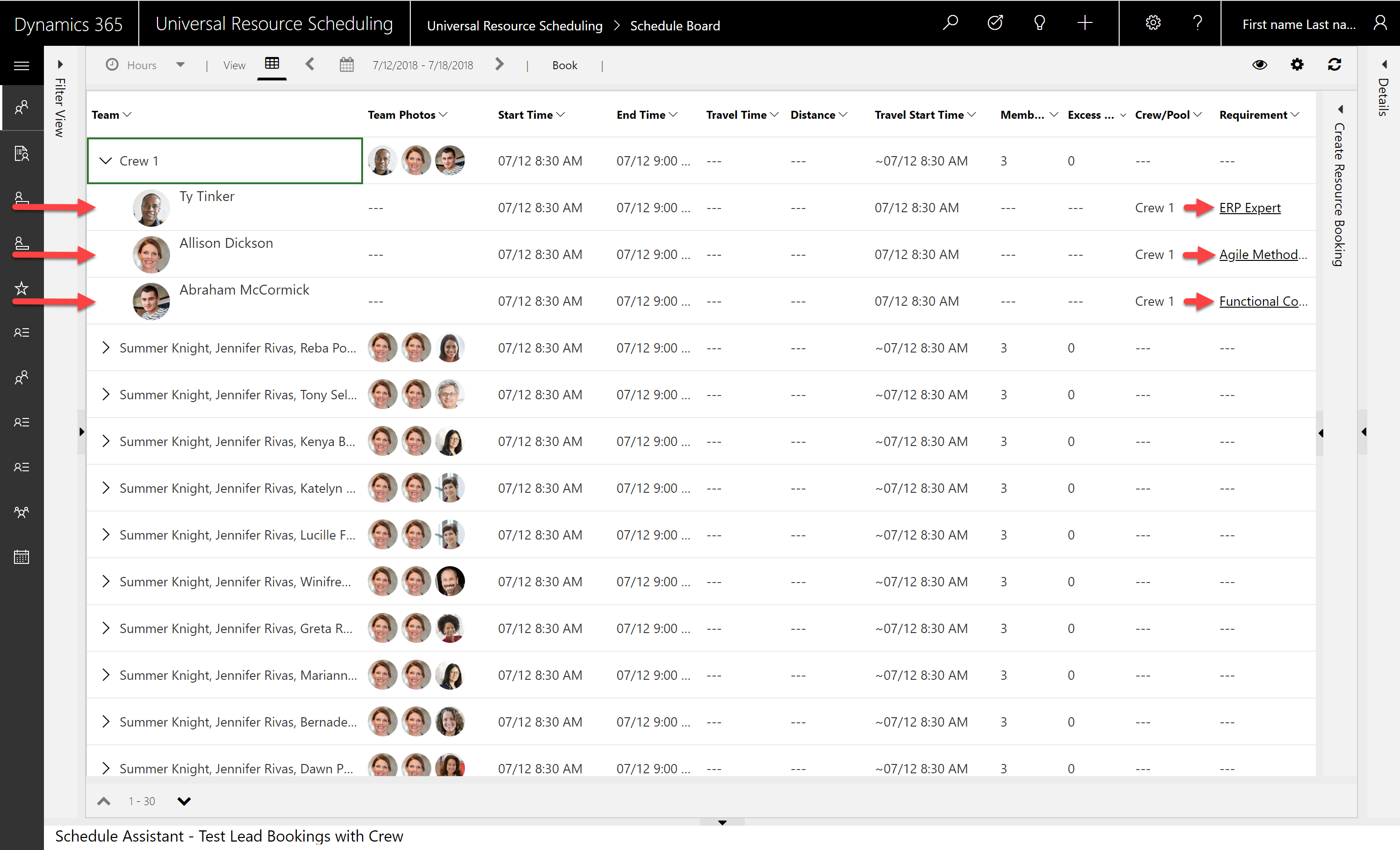 Screenshot of schedule assistant matching with a crew. The crew is expanded and shows three crew members, each of which are matched to a requirement from the requirement group.