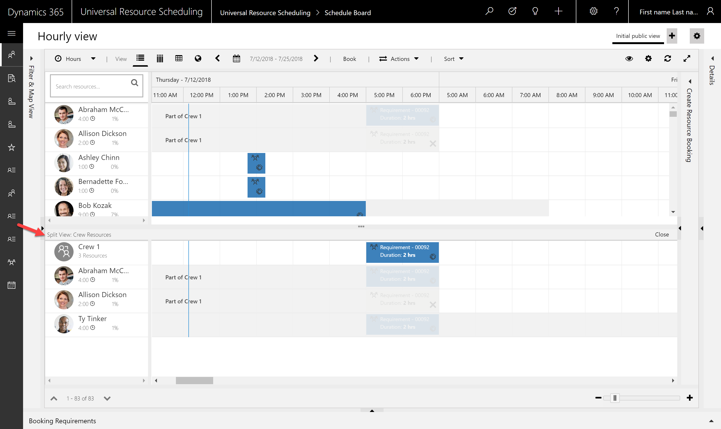 Screenshot showing schedule board in split view with the crew resource and ...