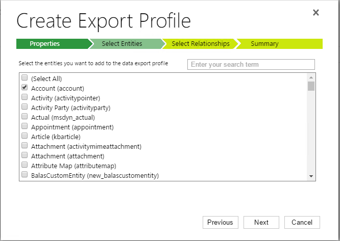 Select Entities tab in Create Export Profile dialog box.
