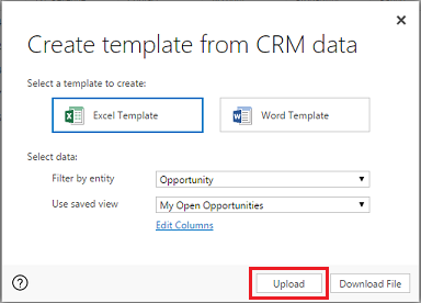 Click Upload to add the Excel template to Dynamics 365