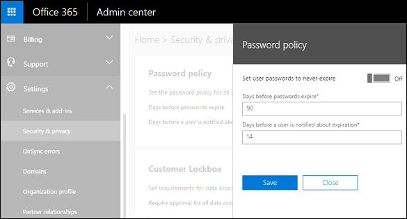 Microsoft 365 admin center manage password expiration.