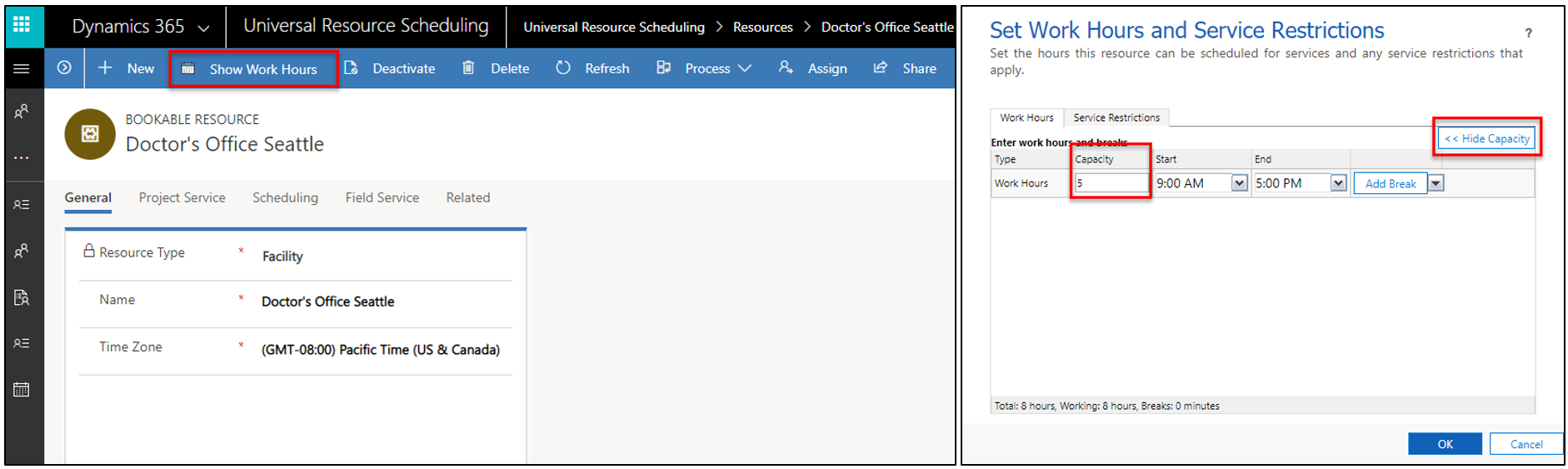 Screenshot of adding capacity to a facility resource in working hours.