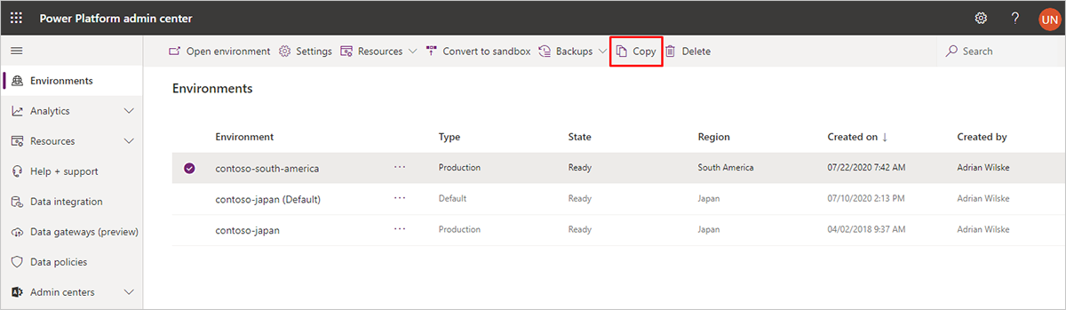 Select the source environment and then choose Copy.