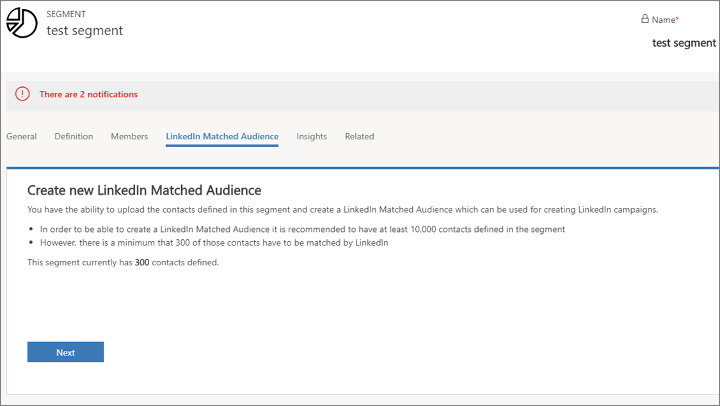 The LinkedIn Matched Audience tab in Dynamics 365.