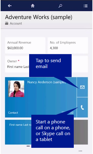 Dynamics 365 for phones and tablets communication card