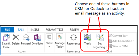 Tracking buttons on Dynamics 365 for Outlook ribbon.