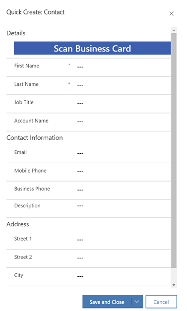 Option to scan business card in the Contact Quick Create form.
